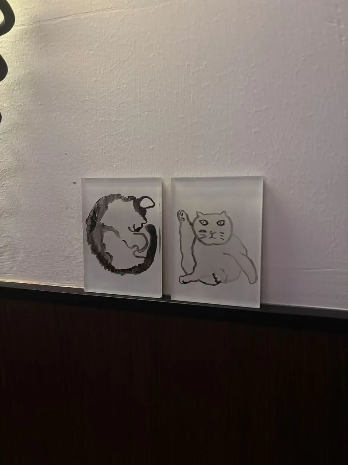 紫菜包饭猫与蹬腿猫两枚透明亚克力冰箱贴并排立在墙边